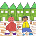 Ein gemaltes Kinderbild, auf dem zwei Kinder zusammen Hand in Hand vor einer grünen Häuserreihe stehen